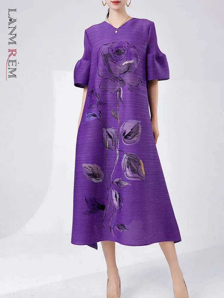 LANMREM-Robe plissée à col en V et manches lanterne pour femme, vêtement élégant de styliste avec impression florale, nouvelle collection été 2024, 2DA7893