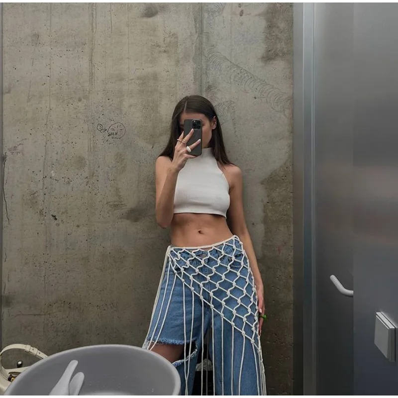 Jupe cache-maillot en corde de coton tressée à la main avec franges, style bohème, pour festival, streetwear, accessoire pour costumes et jeans