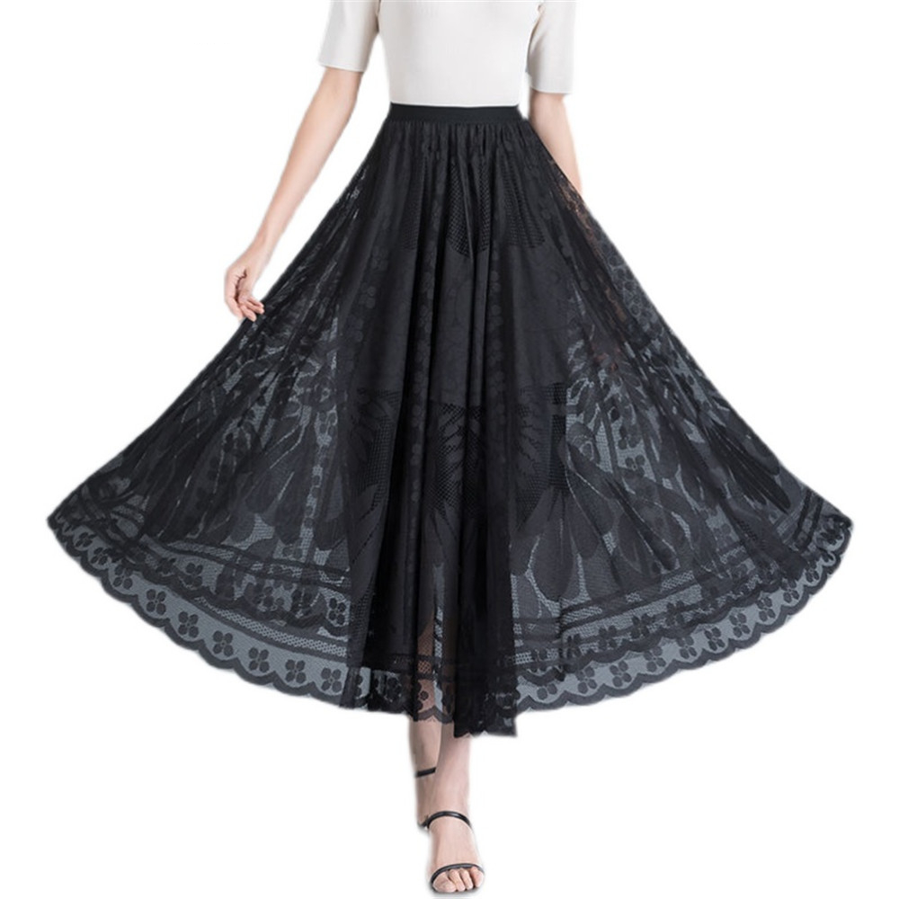 Jupe longue en dentelle taille haute pour femmes, nouvelle jupe noire A-Word, robe de bureau élégante pour dames, grande balançoire, gaze, jupe plissée creuse Streetwear