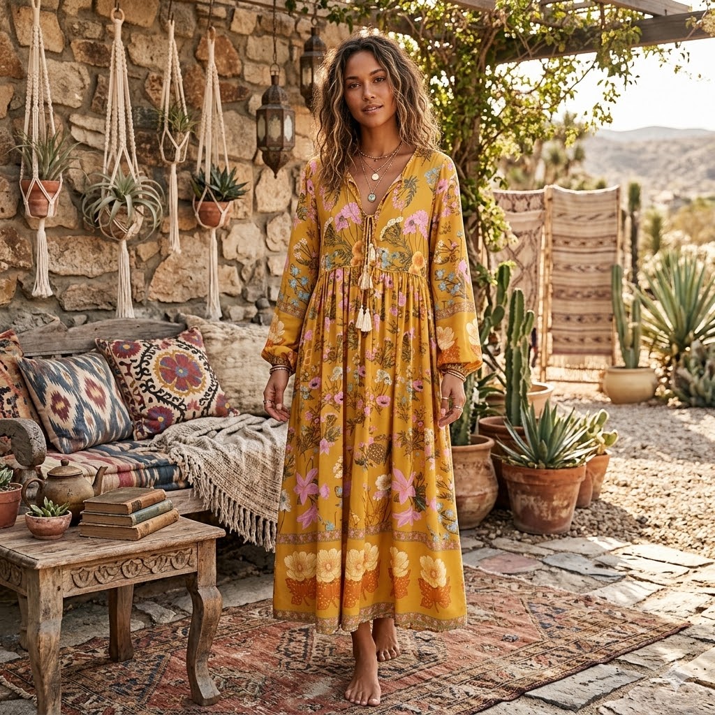 Robe bohème vintage chic pour femmes, imprimé floral, manches évasées, robes maxi pour dames, volants, robe en coton Boho, robe éducative, mode