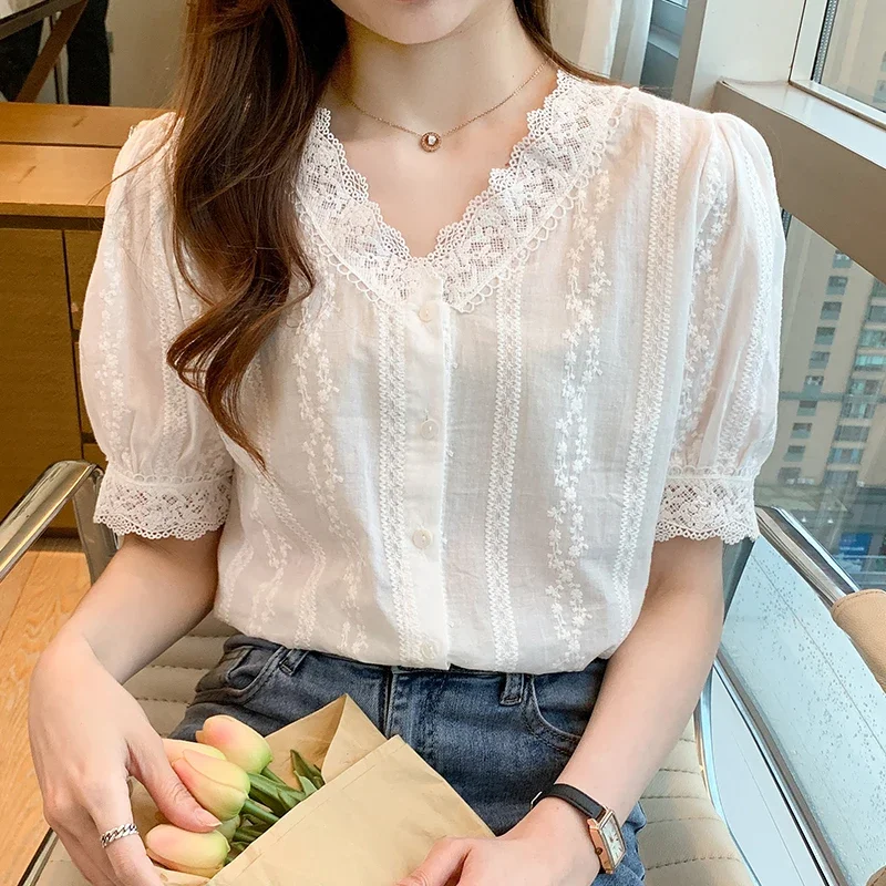 Été à manches courtes chemisier blanc chemise haut pour femme Blusas Mujer De Moda 2024 Verano dentelle col en v Blouse femmes Blouses Blusa F452