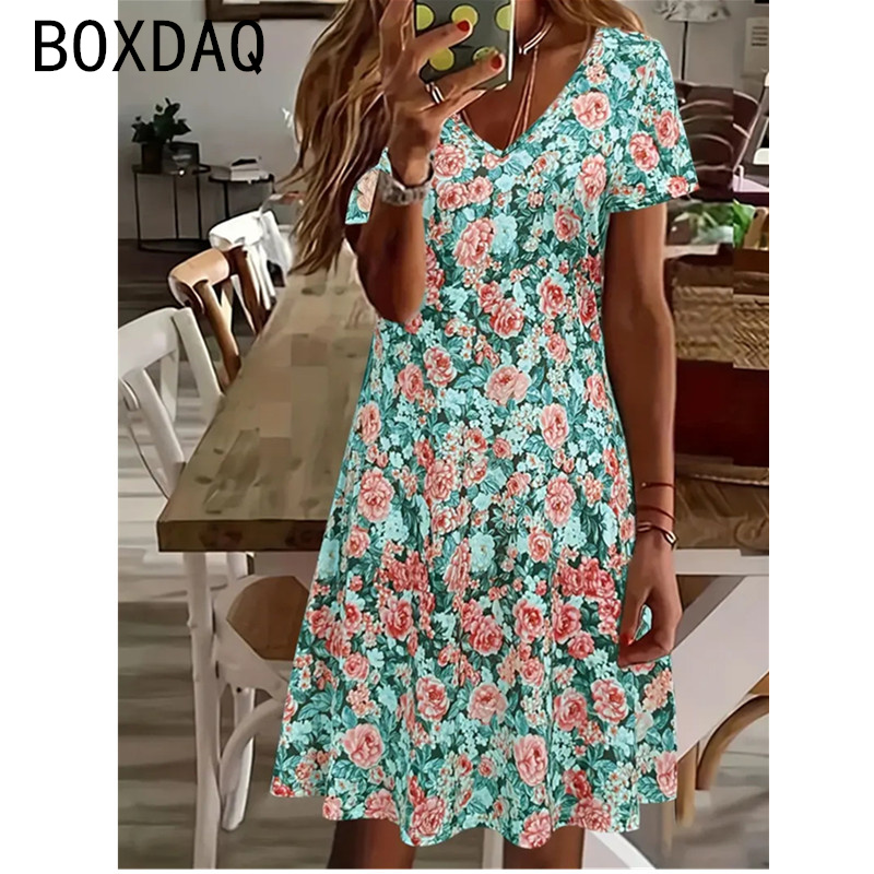 Vintage élégant imprimé fleuri a-ligne robe femmes été à manches courtes col en v plage tenue décontractée grande taille dame Simple robe de rue