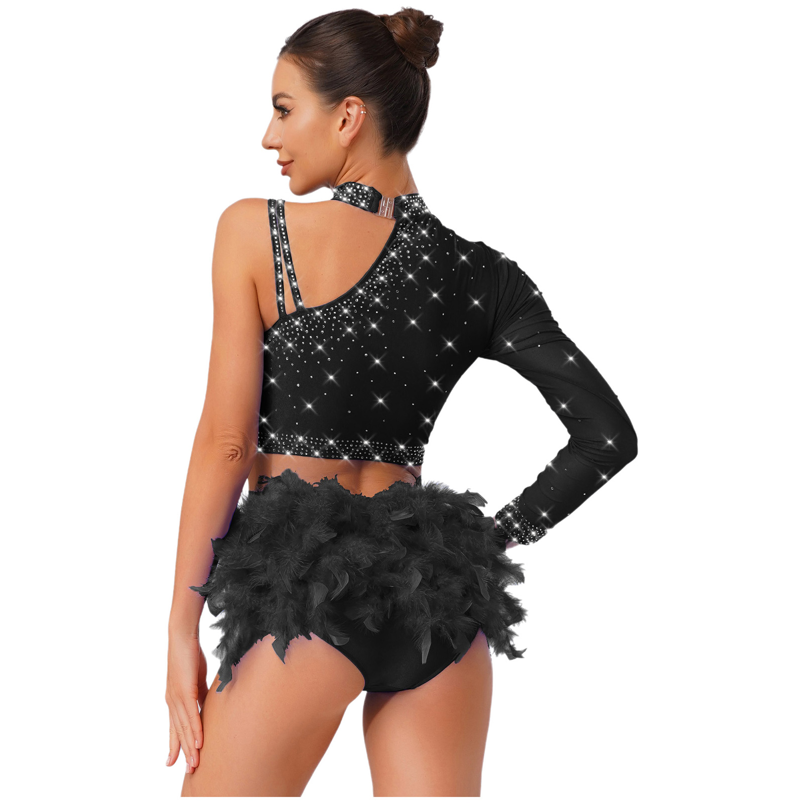 Tenues de danse Jazz latine pour femmes, 2 pièces, asymétrique épaule dénudée, manches longues, haut court + slip en plumes pour danse du ventre, vêtements de danse Chacha Tango