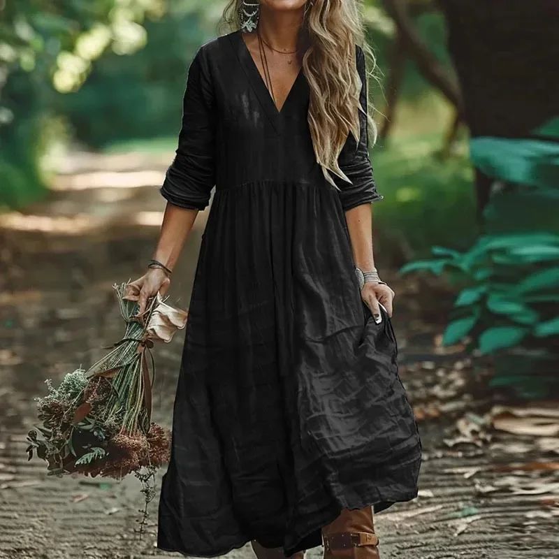 Robes pour femmes 2026 : Nouvelles robes longues plissées en coton et lin, couleur unie, col en V, très populaires – Vêtements féminins
