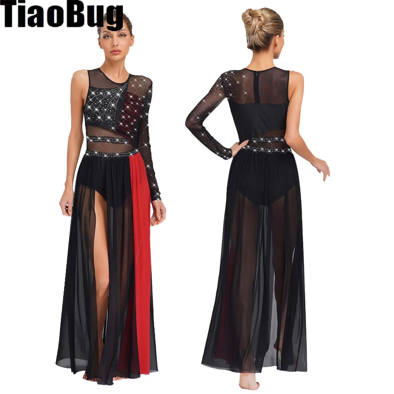 Robe de danse lyrique moderne pour femmes, fendue sur le côté, maille transparente, strass, justaucorps de gymnastique, patinage, vêtements de danse contemporains