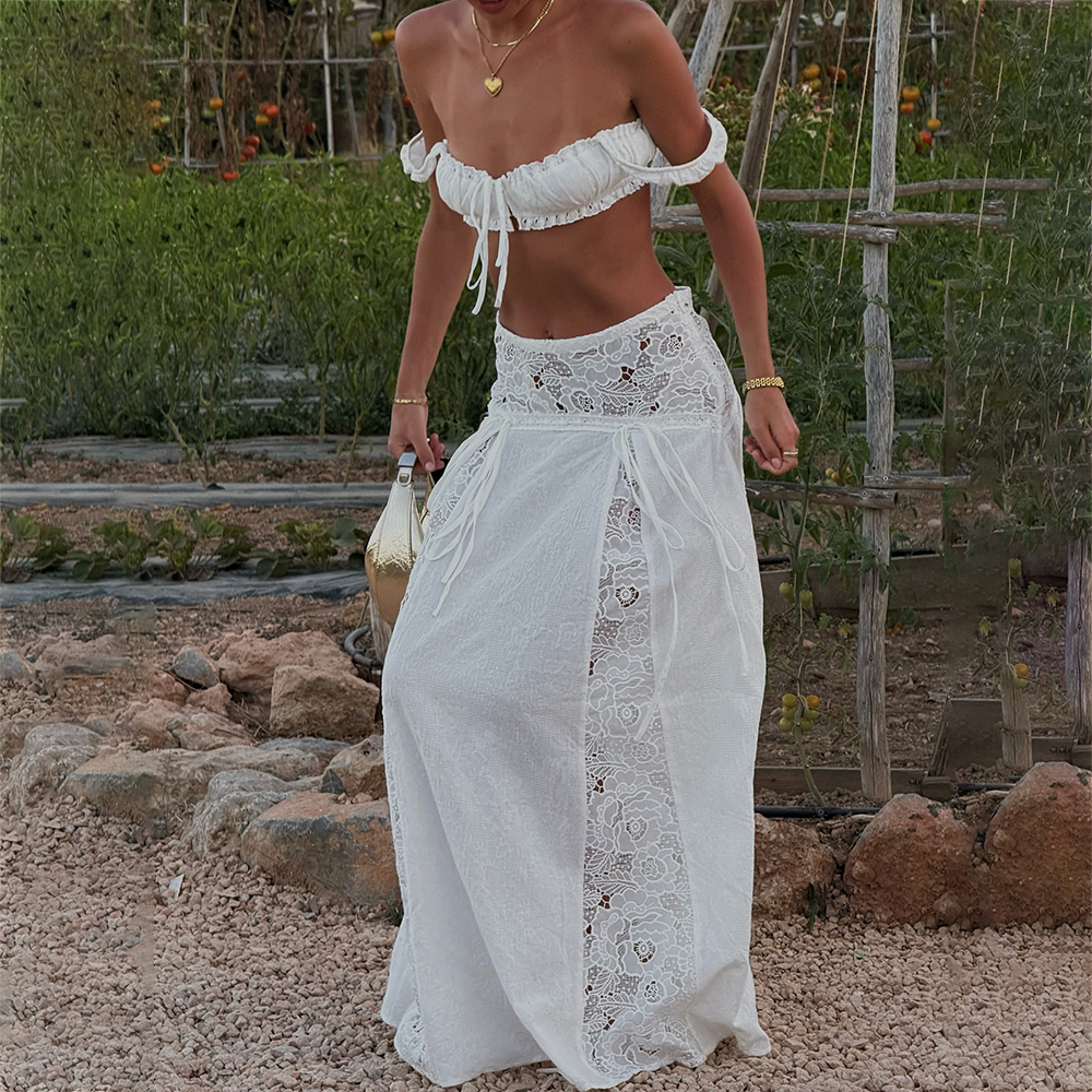 Ensemble 2 pièces Boho Vintage pour femmes, haut caraco à nouer et jupe longue en dentelle Patchwork, taille basse, pour vacances d'été, pour fête sur la plage