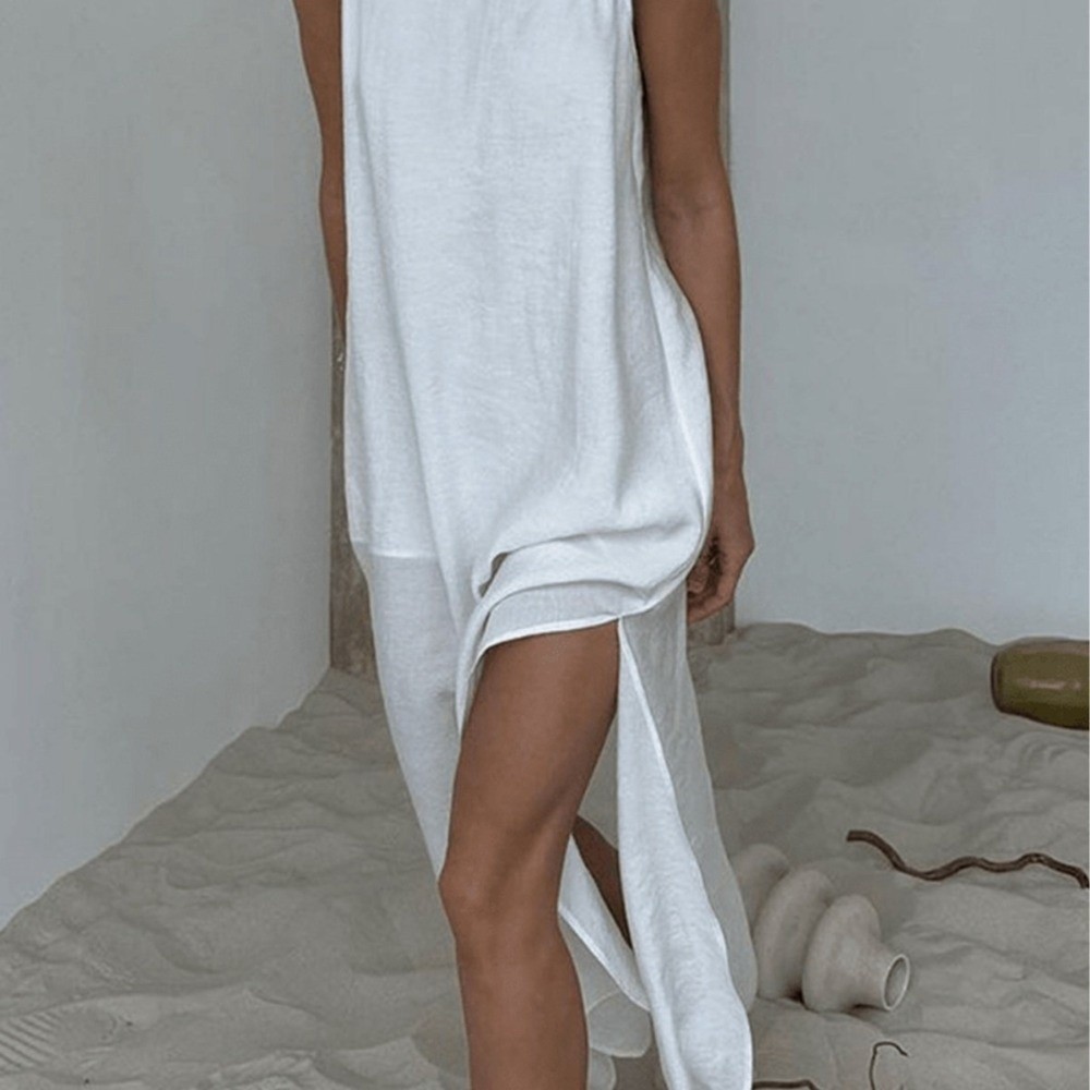Robe longue décontractée à col en V, sans manches, dos nu, blanche, coupe droite, pour femme, été