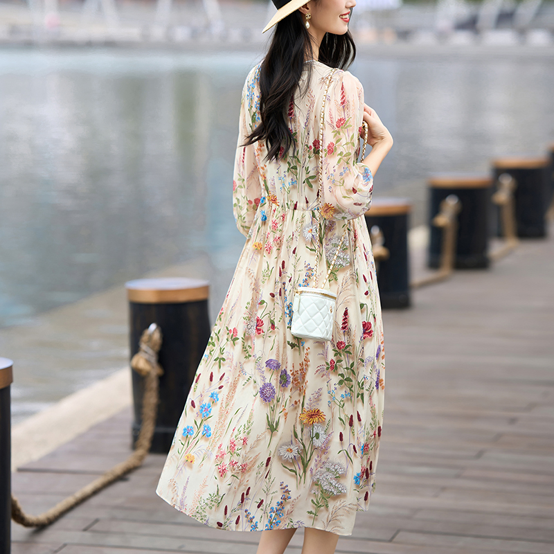Robe de vacances en soie véritable pour femmes, col en v, élégante, Chic, imprimé Floral, longue, ligne a, printemps été, 100%