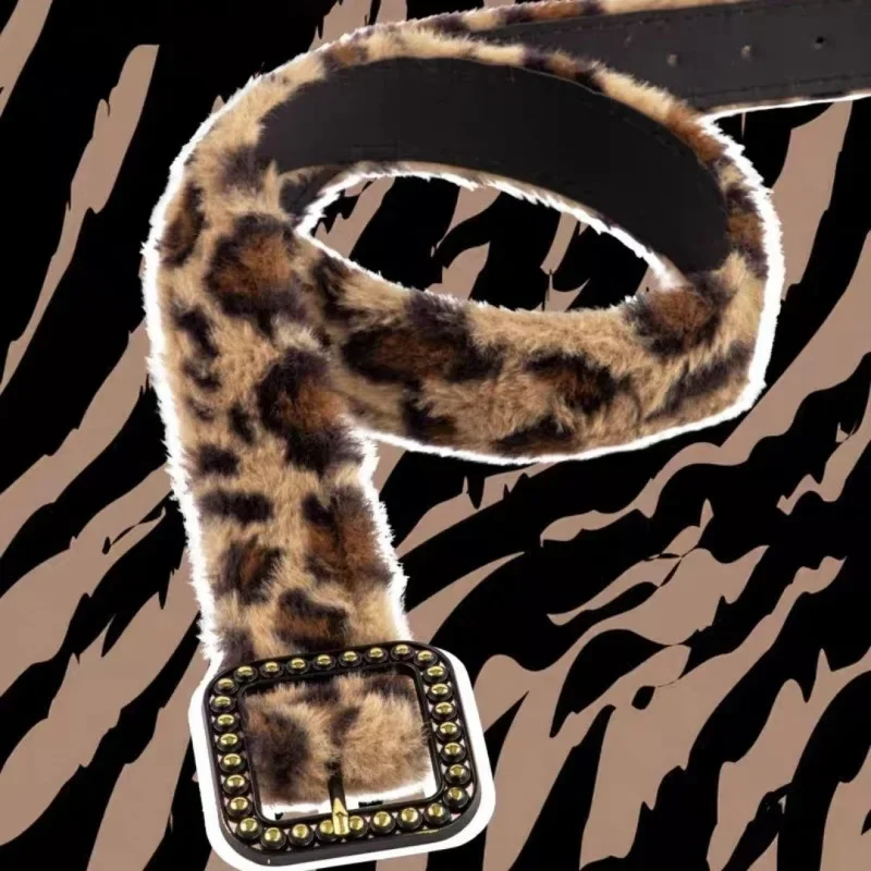 Ceinture en fourrure de cow-girl léopard pour hommes et femmes, ceinture décorative vintage, gothique, punk, structure en métal, jeans hip-hop, pantalon, Y2K
