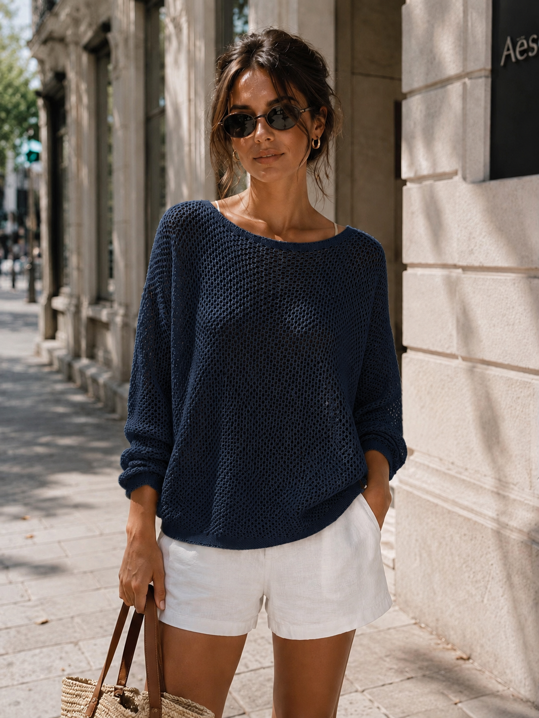 Pull à manches longues en tricot ajouré pour femme, style décontracté et polyvalent, couleur unie, col rond, pour le printemps et l'automne.