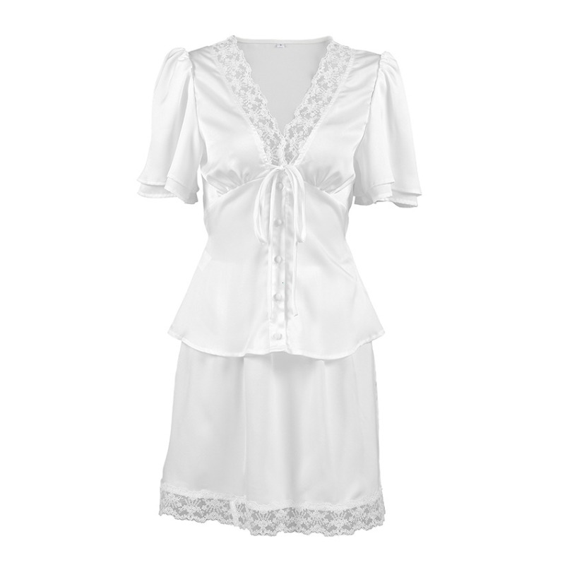 Ensemble 2 Pièces en Satin et Dentelle pour Femme, Col V, Manches Courtes, Haut à Lacets et Mini-Jupe, Nouvelle Collection 2026, Tenue de Soirée et de Vacances