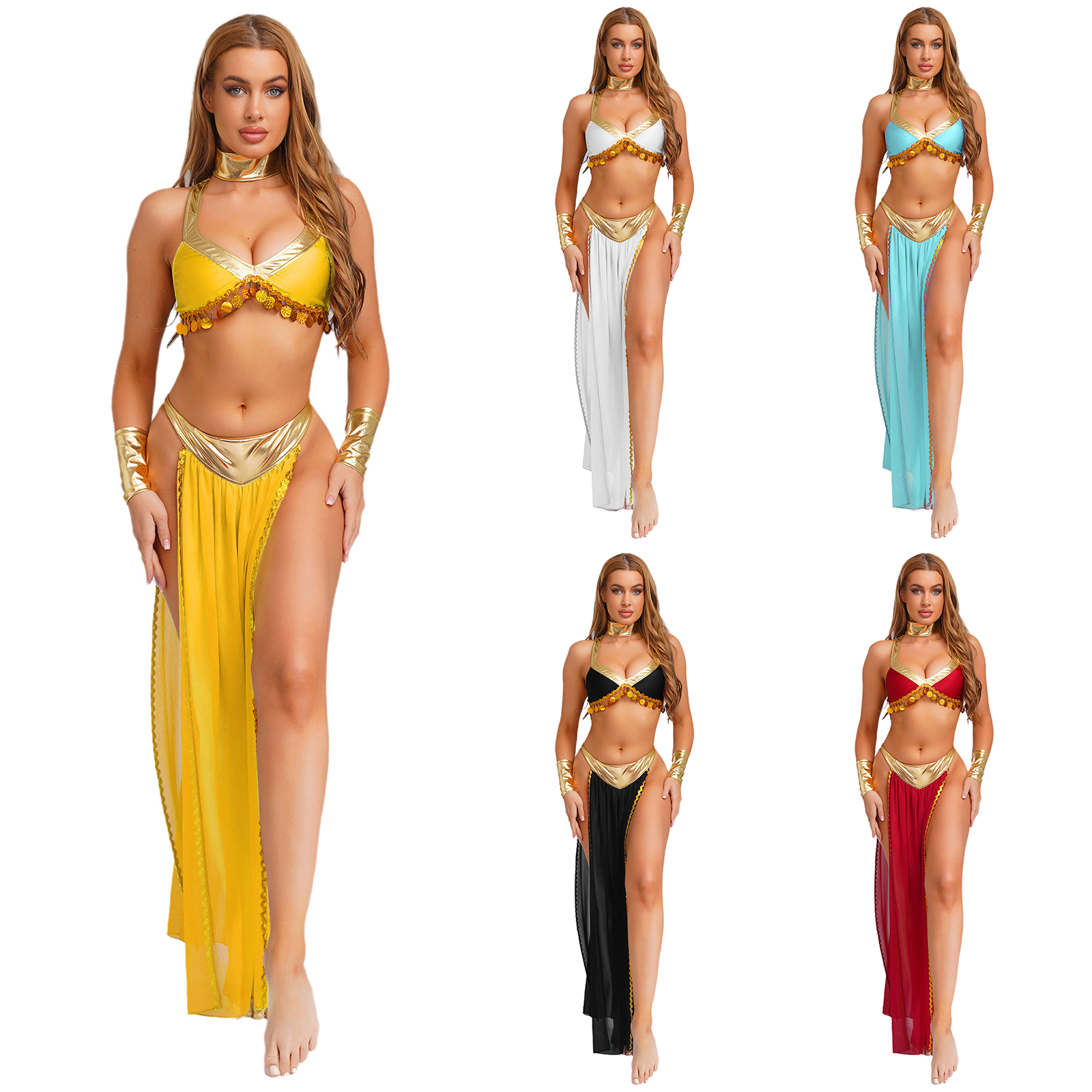 Tenues de Cosplay reine égyptienne antique pour femmes, haut court à col avec jupe en mousseline de soie, métallique brillant, danse du ventre indienne