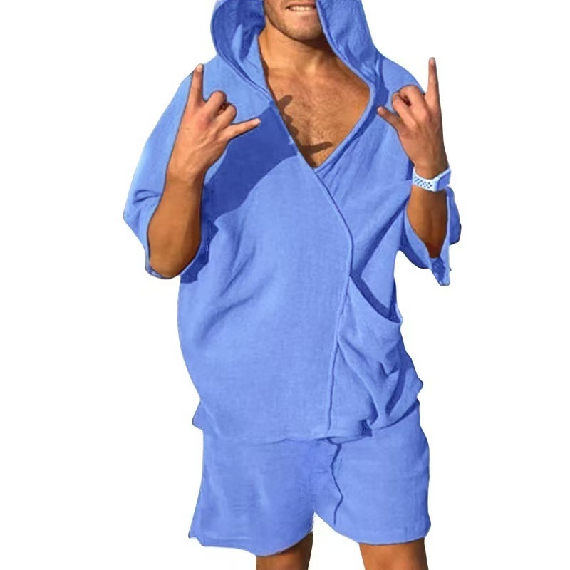 Ensemble deux pièces pour hommes, sweat à capuche à manches courtes, T-Shirt et Short à col en v, costumes de maison amples, tenues irrégulières solides pour hommes, vêtements d'été
