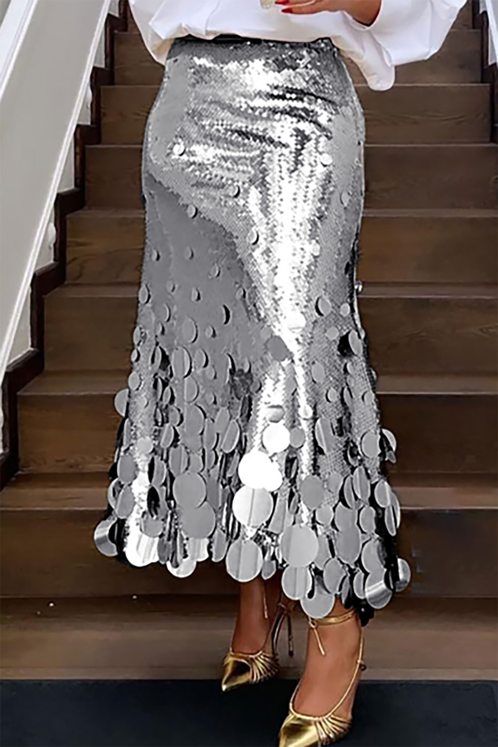 Grande taille femmes jupes formelles élégant or argent longue paillettes fête Club soirée taille haute jupes femme décontracté Cocktail jupes
