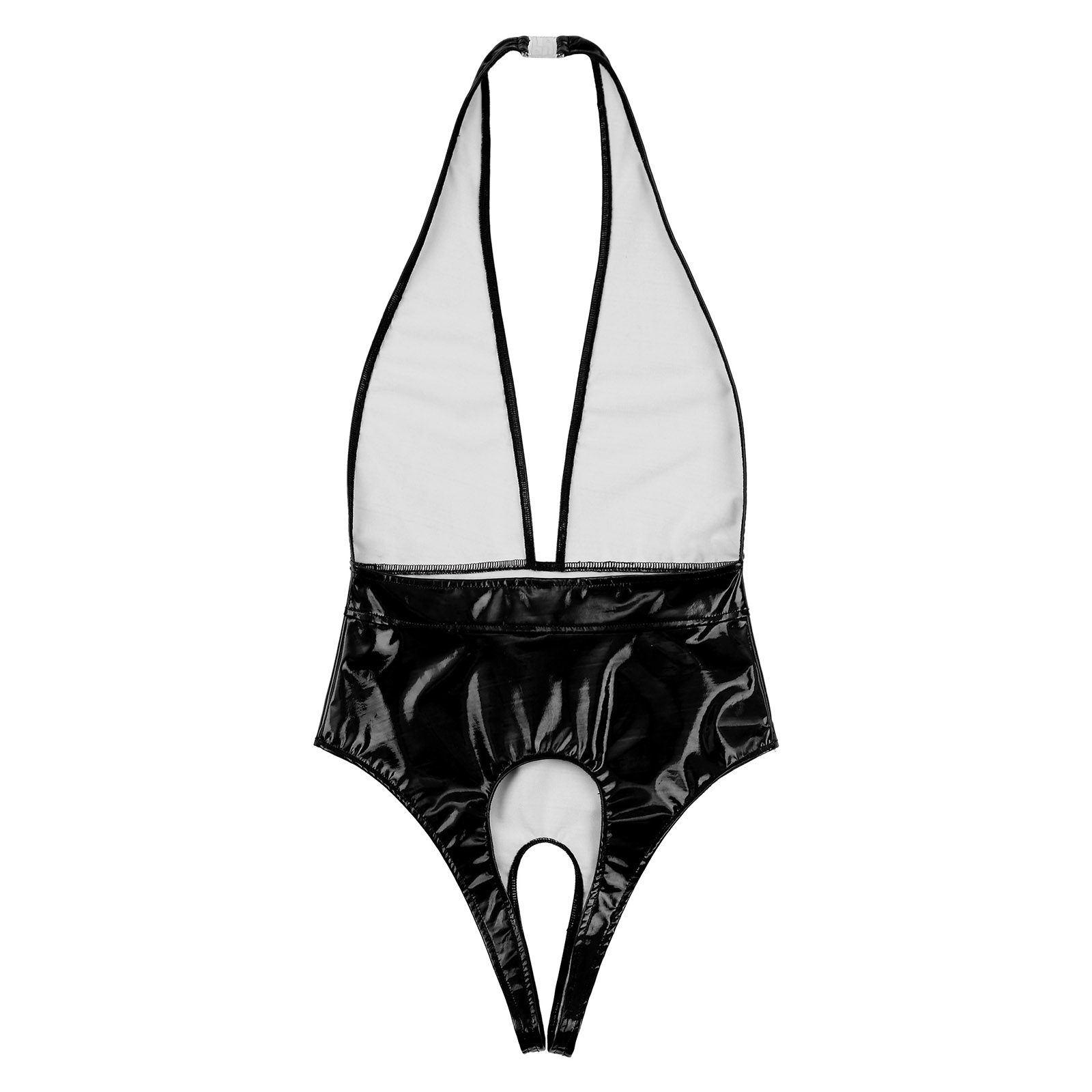 Body Sexy en cuir verni pour femmes, Look mouillé, teddy exotique, col en V profond, justaucorps sans entrejambe, dos nu, sans manches, Catsuit