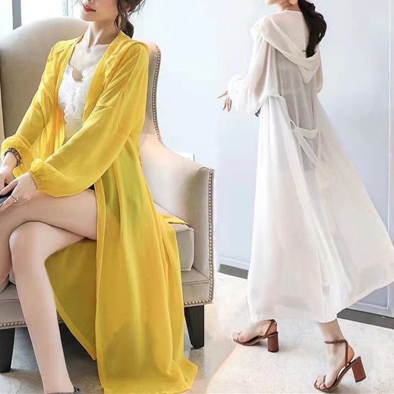 Vêtements de Protection solaire d'été pour femmes, Cardigan à capuche, chemises de Protection solaire en mousseline de soie, manteau Long pour dames, châle d'extérieur
