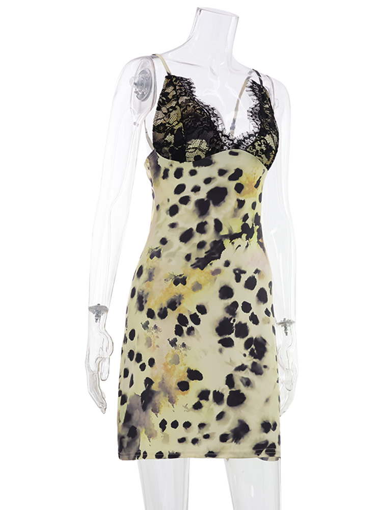 Huhugirl Robe Mini Sexy Moulante à Imprimé Patchwork en Dentelle, Sans Manches, Mode Vacances, Fête, Plage, Style Urbain pour Femmes