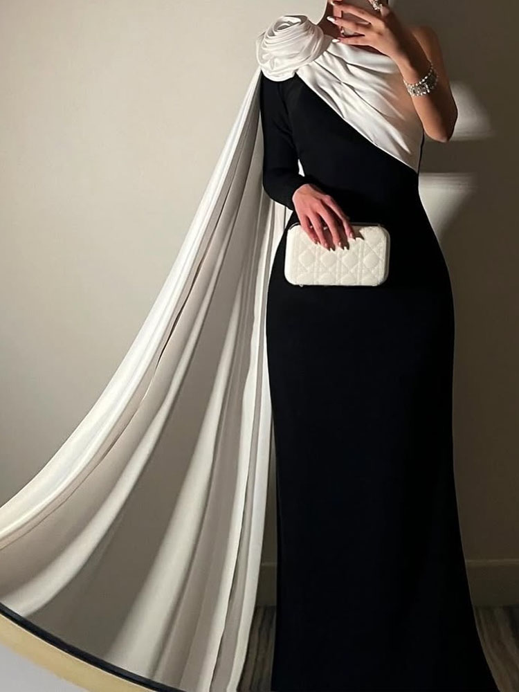 Robe longue décontractée, couleur bloquée, Slim, élégante, asymétrique épaule dénudée, manches longues, mode femme, taille haute, drapée, robe sirène