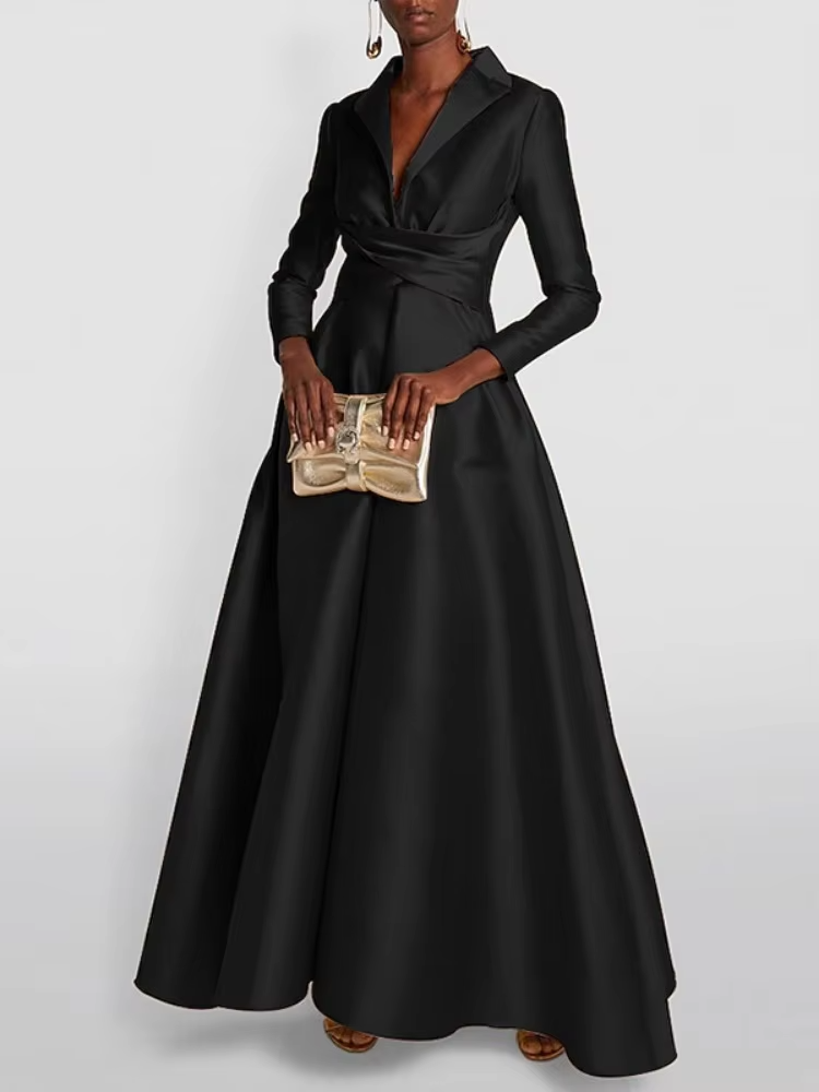 Nouvelle Robe Longue Élégante en Satin pour Femme 2026 – Robes Décontractées pour Femme, Col en V, Plissée, Taille Haute, Tenues de Soirée et de Bureau