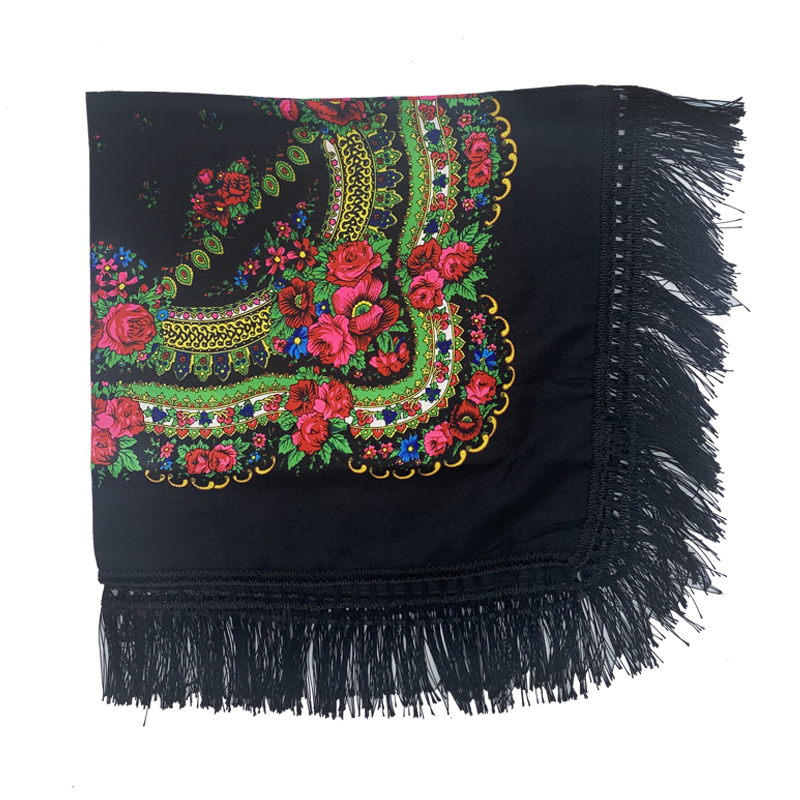 Écharpe de Sauna Carrée à Franges pour Femme, Châle Russe, Imprimé Floral, National, Mouchoir Rétro, Bandana à Glands