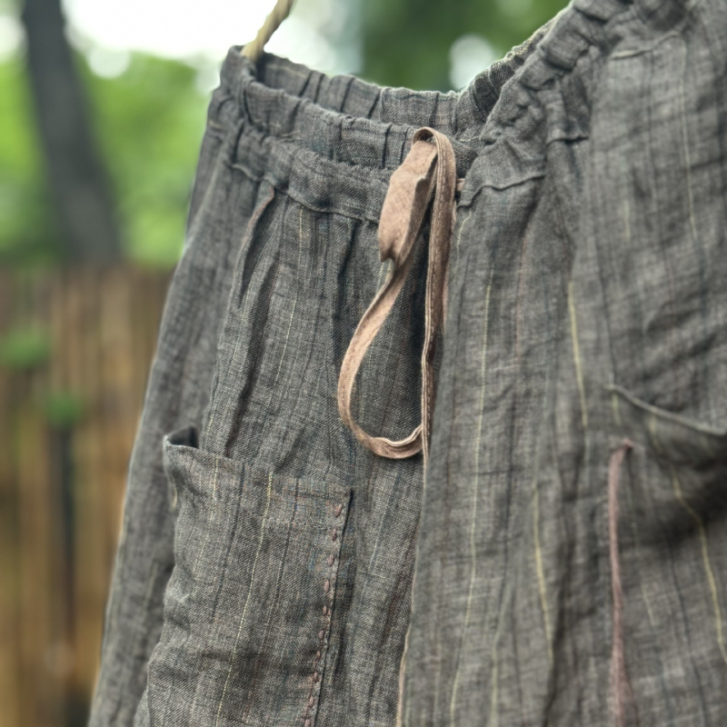 Pantalon en lin rayé pour femme, jambes larges, Style Vintage, ample, poches, respirant, vêtements décontractés, automne 2025