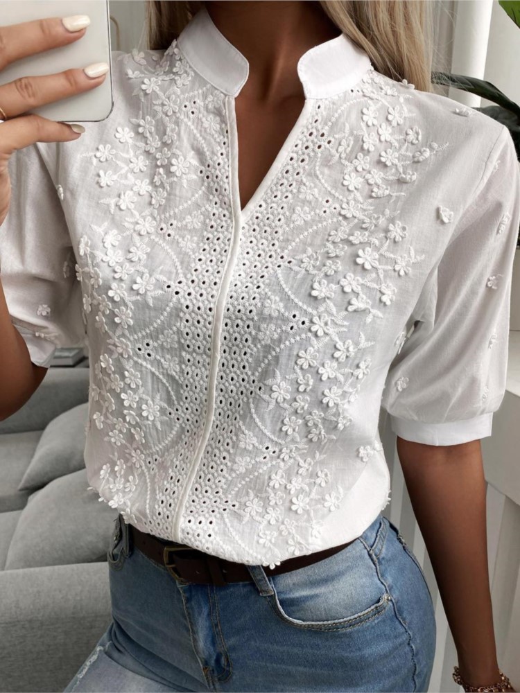 Chemisier élégant à manches courtes et col en V pour femmes, chemise en dentelle pour femmes, haut blanc, décontracté, bureau, fête, t-shirts pour femmes, nouvelle mode, été