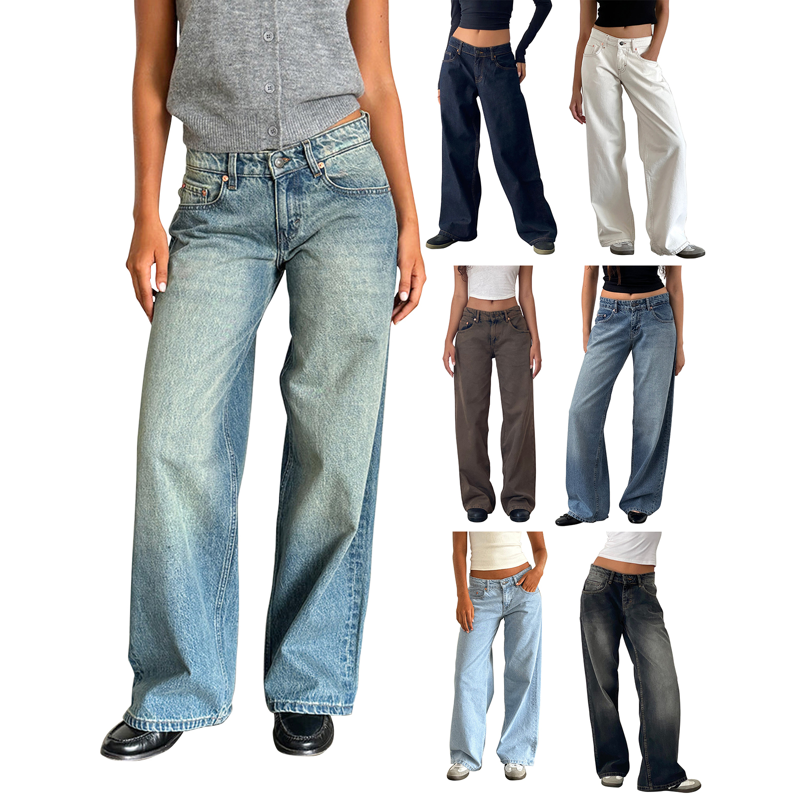 Jean Femme Polyvalent, Couleur Unie, Taille Basse, Fermeture Éclair, Bouton, Poches, Streetwear Quotidien
