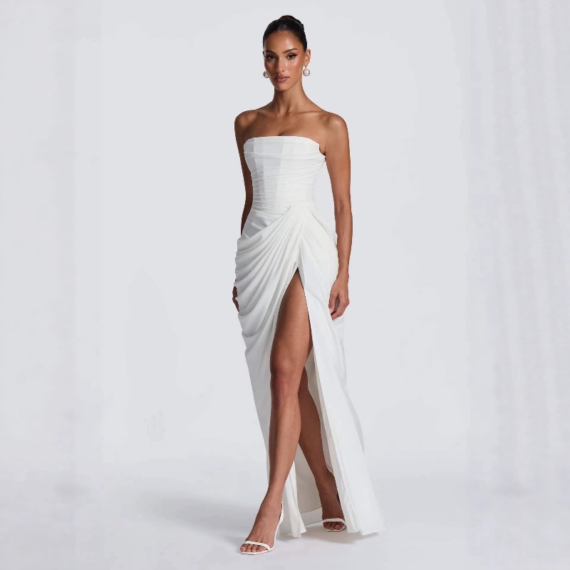 Robe longue bustier froncée avec fente haute sur la cuisse - Robe de soirée élégante pour mariage, bal de promo, soirée romantique, mode