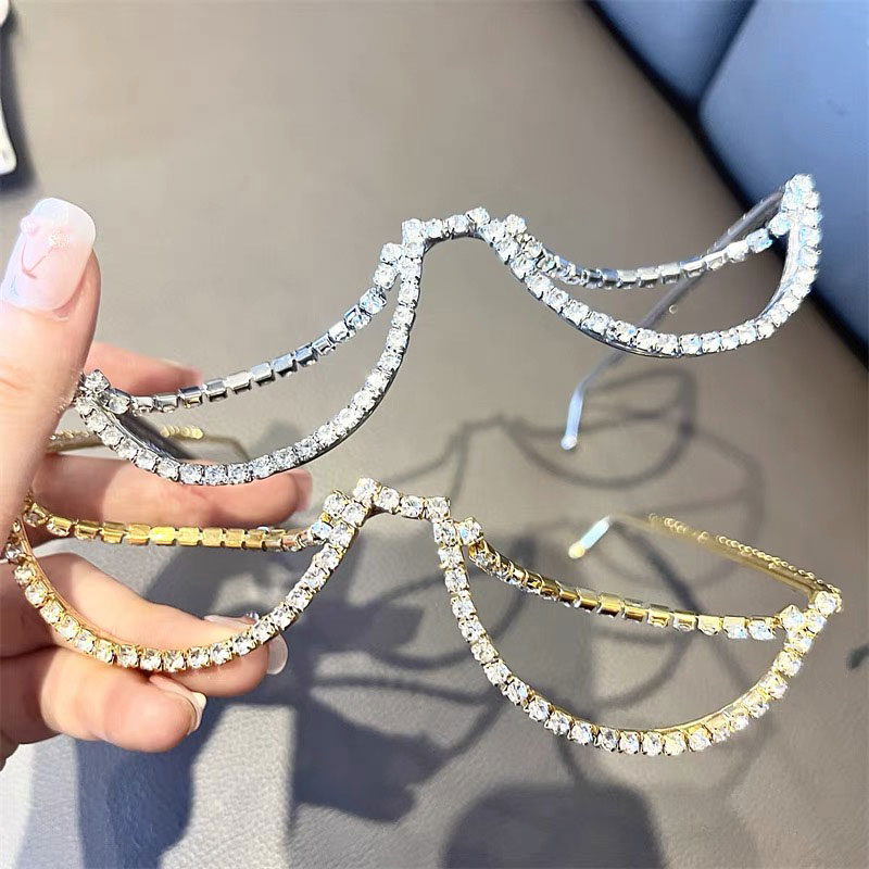 Dames mode demi-monture lunettes demi-monture sans lentille monture de lunettes Double couche mousseux strass monture de lunettes