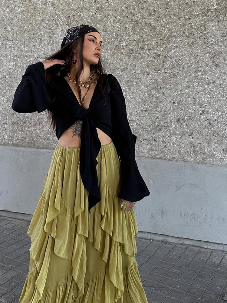 Ensemble jupe à volants élégante pour femmes, Sexy, dentelle, sans manches, hauts transparents, ligne A, jupes en cascade, tenues de printemps et d'été pour dames, 2026