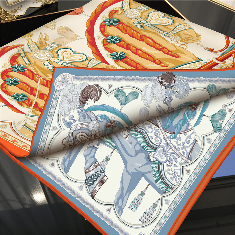 Foulards en soie deux chevaux imprimé sergé foulard en soie femmes châles Design de luxe Hijab mode carré frisé écharpe foulard