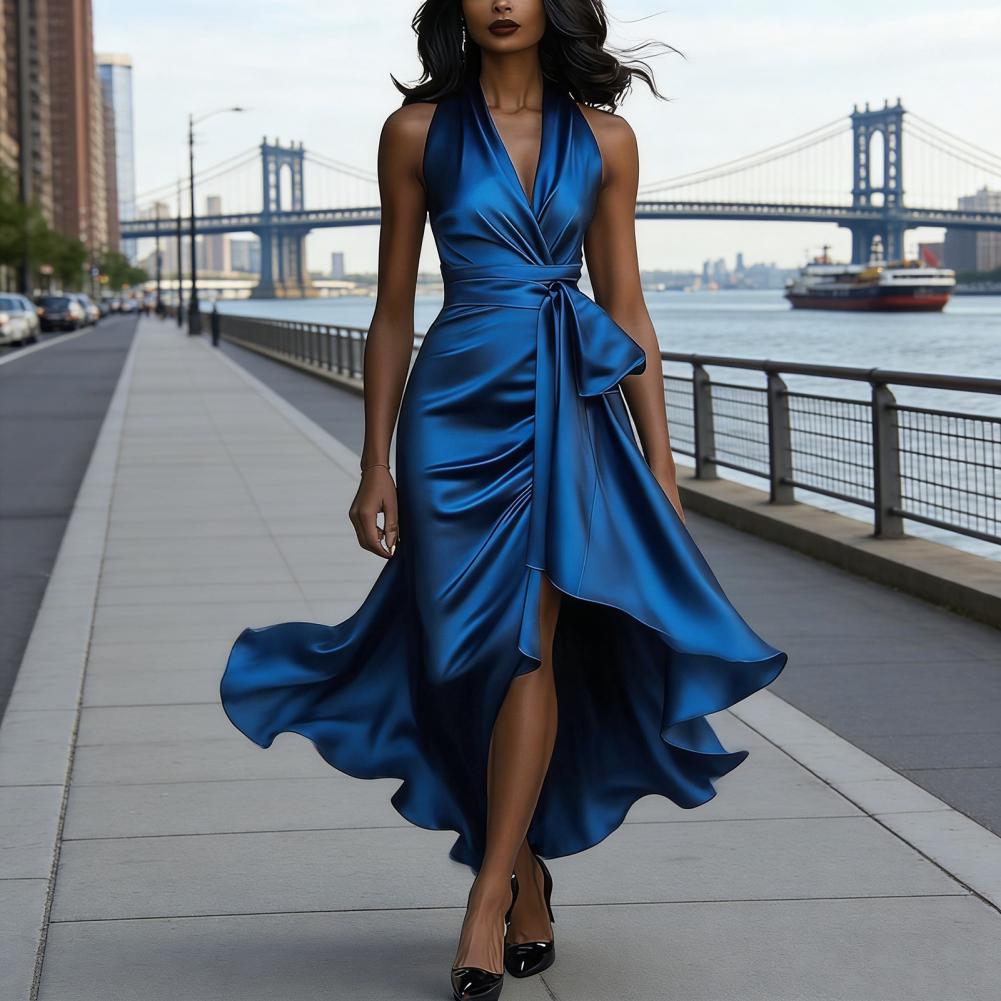 Robe de cocktail pour invitées de mariage, robe de bal asymétrique en satin à volants pour femme, sans manches, col en V, dos nu, taille nouée, longueur midi