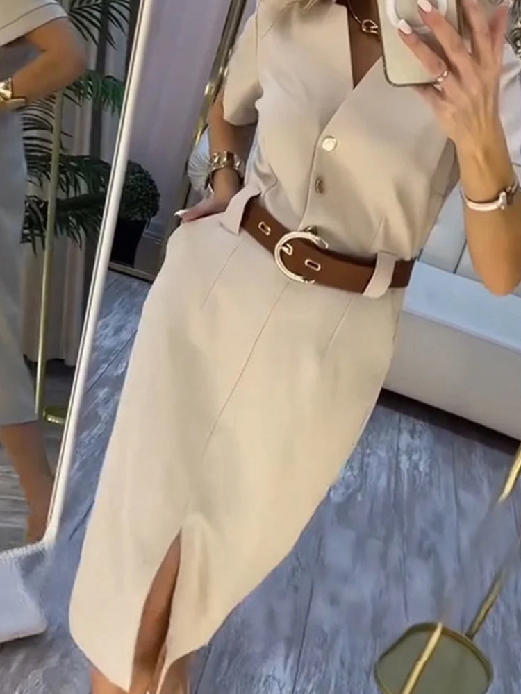 Robe de soirée pour femmes, couleur unie, taille haute, élégante, manches courtes, fendue, droite, Sexy, col en v, simple boutonnage, mi-longue