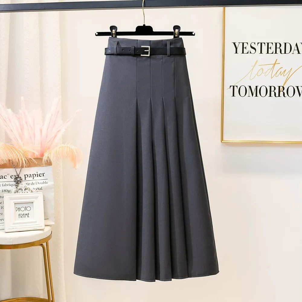 Costume noir pour femmes, jupe longue plissée avec ceinture, tempérament coréen gris, mode fine, jupe trapèze, Streetwear, été automne