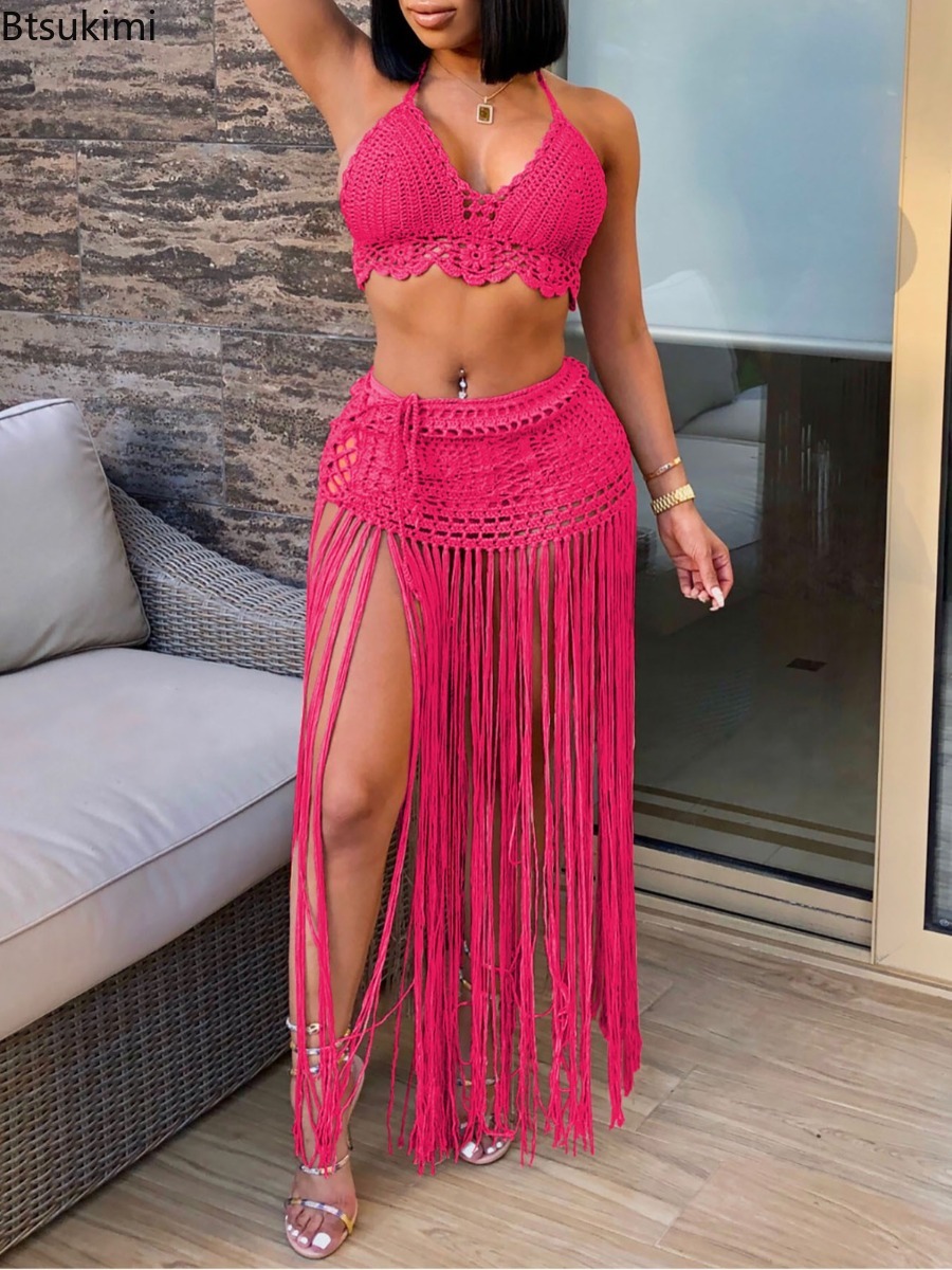 Nouveaux ensembles de maillots de bain deux pièces pour femmes, style plage, hauts de bikini tricotés, jupes longues à franges taille haute, ensembles de bikinis sexy pour femmes