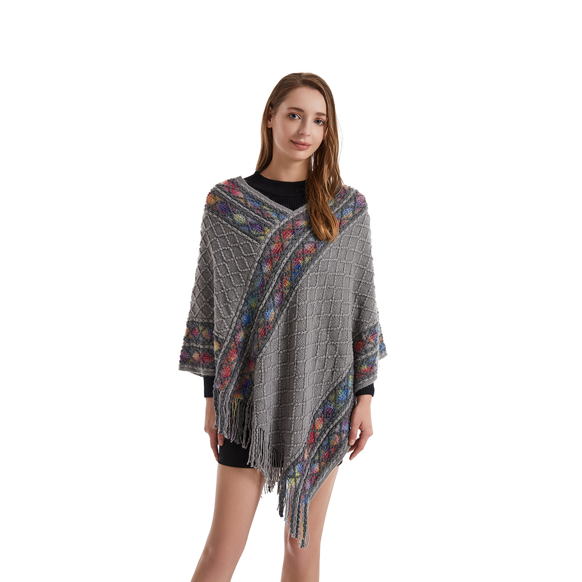 Poncho de style rétro pour femme, châle vintage unique, pull ethnique avec glands ronds bidirectionnels, printemps et automne