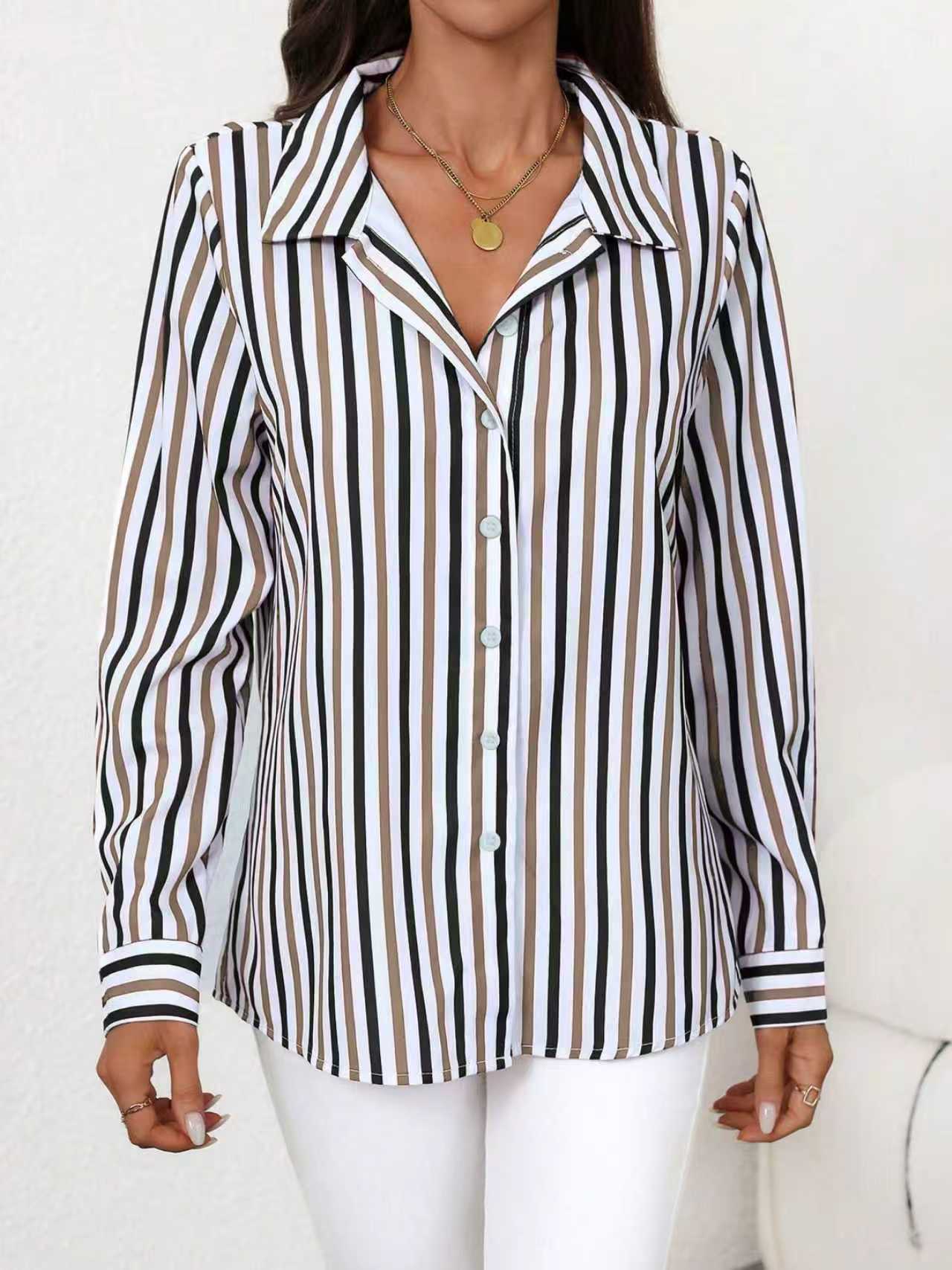 Chemise élégante à rayures pour femmes, boutonnée, manches longues, col rabattu, chemisier formel de bureau