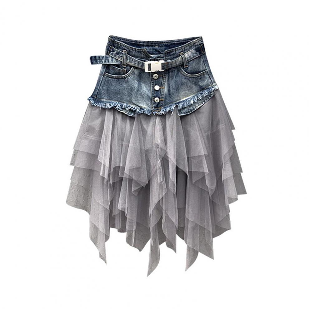 Jupe en jean taille haute pour femme, élégante, avec empiècements en maille, coupe trapèze, ourlet asymétrique, polyvalente pour le travail