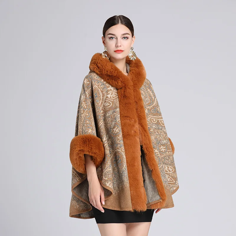 Automne hiver nouvelle Imitation loutre lapin fourrure col Jacquard à capuche châle Cape Imitation laine Ponchos café Capes femmes Cape