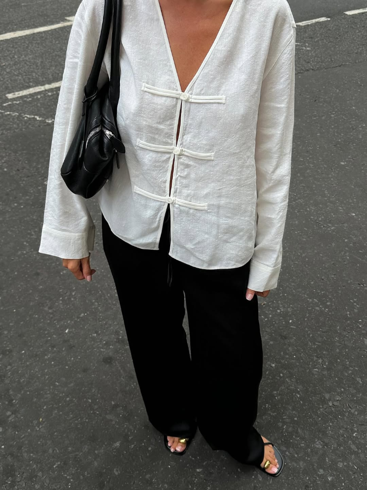 Chemisier Chic en Lin et Coton à Manches Longues pour Femme, Col en V, Boutonnage Simple, Collection Printemps-Été 2026, Idéal pour les Vacances et la Plage