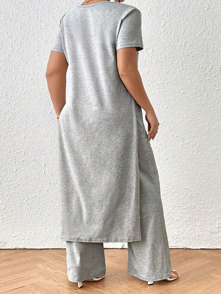 Costume de travail élégant grande taille printemps-été, pull ample à taille décontractée, col rond, manches courtes, couleur unie
