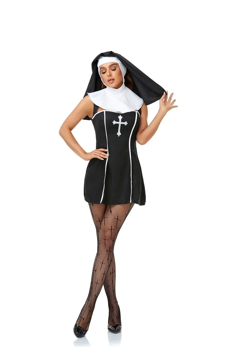 Costume de Cosplay de ixd'Halloween de Pâques pour Adulte, Sexy, Nonne, Femme, Prière, Enseignant, Noir et Blanc, Scène Trempée