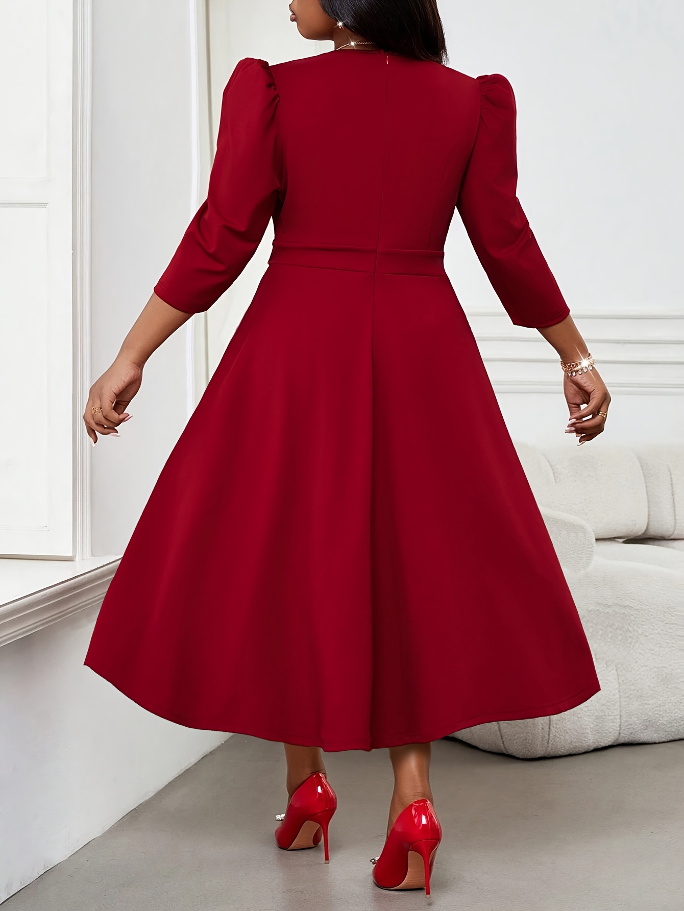 Robe longue élégante rouge grande taille pour femme 2026, manches 3/4, taille haute, coupe trapèze, automne-printemps, pour le bureau ou les soirées