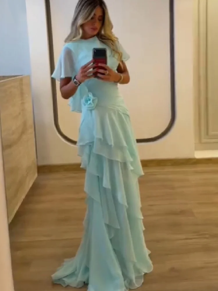 Robe de soirée élégante en mousseline pour femme, avec manches cape chic, jupe à volants étagés, fleurs 3D à la taille, Vestidos 2026, robe de soirée formelle