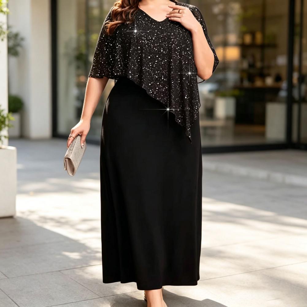 Robe Midi Ample Col Rond Grande Taille Femme 2026 – Robe de Soirée Élégante en Mousseline de Soie à Paillettes Sexy pour Femme – Vêtement Féminin Été Automne