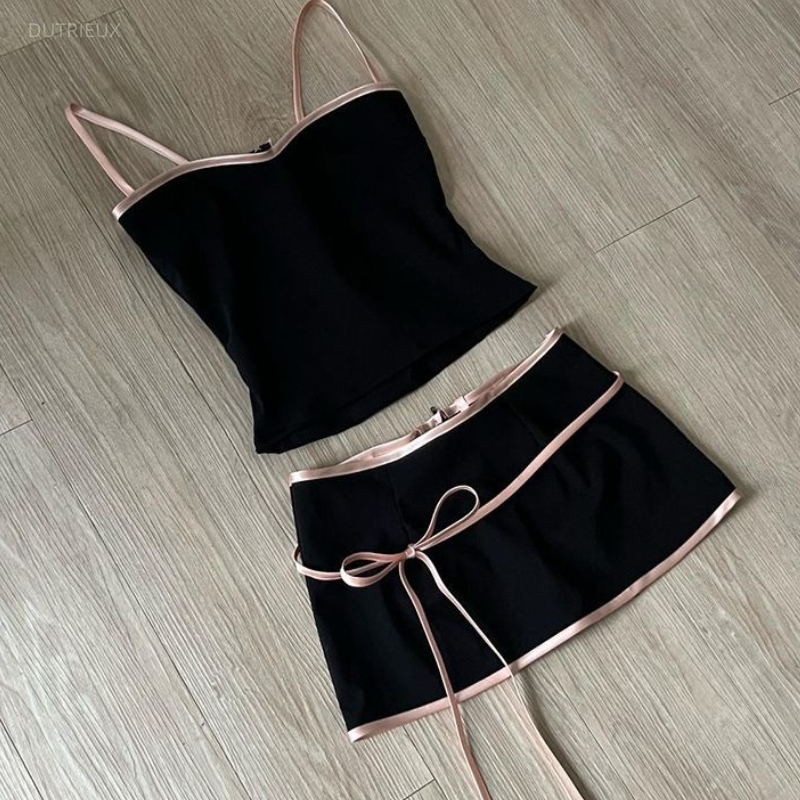 Jupe costume Sexy femmes vêtements 2 pièces ensembles tunique dos nu gilet court pansement nœud moulante Mini jupes tenues Chic ensemble d'été