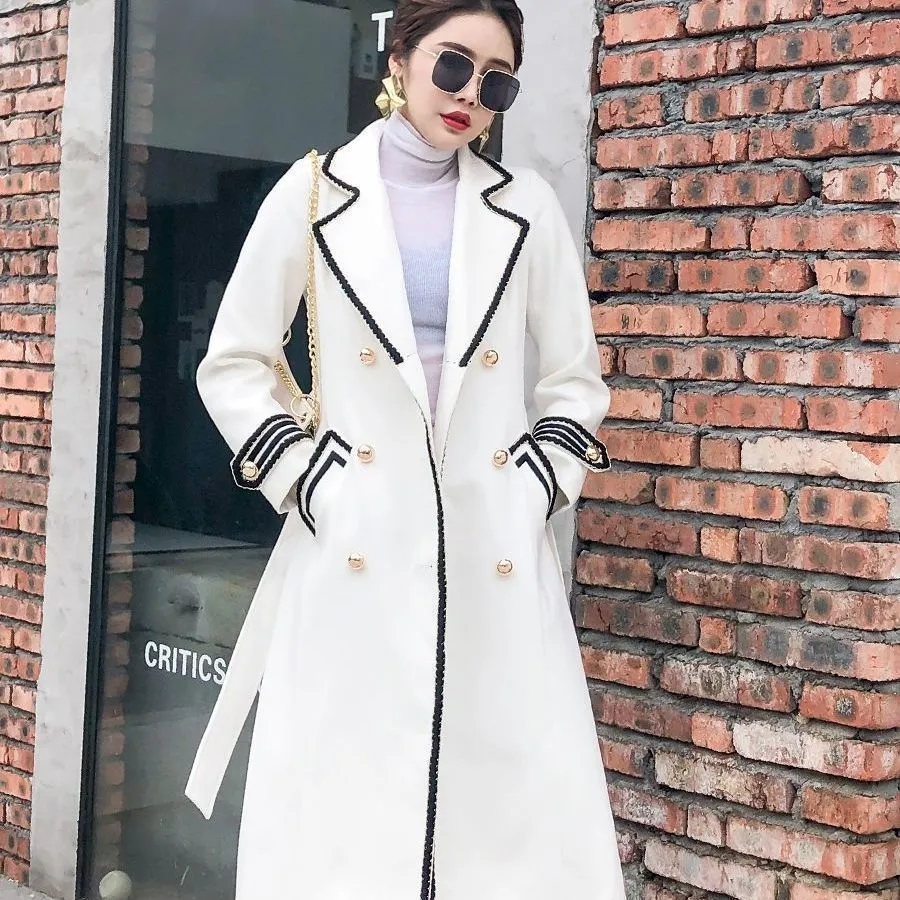 Femmes blanc Long manteau de laine automne hiver britannique Hepburn Style épaissir mince Double boutonnage manteau de laine nouvelles femmes vêtements d'extérieur