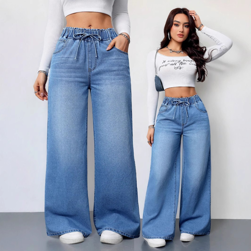 Jean pour femme en denim, pantalon long taille haute coupe droite, style Y2K streetwear vintage, élégant, avec empiècements, décontracté et ample