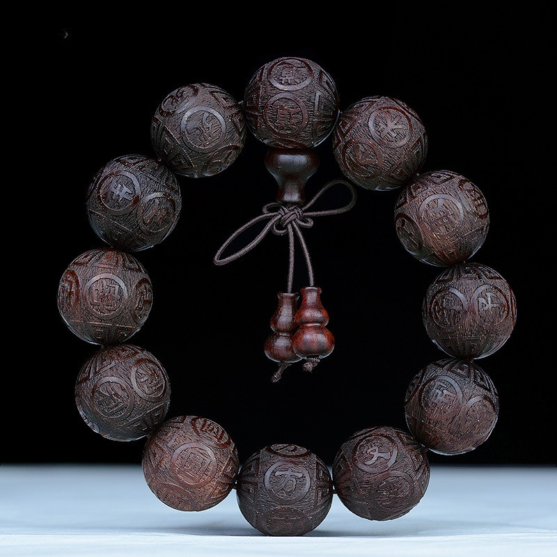 Bracelet en bois de santal rouge avec douze mantras gravés, perles en bois rouge, bracelet de méditation en bois de santal sanglant, bijoux de prière, cadeau