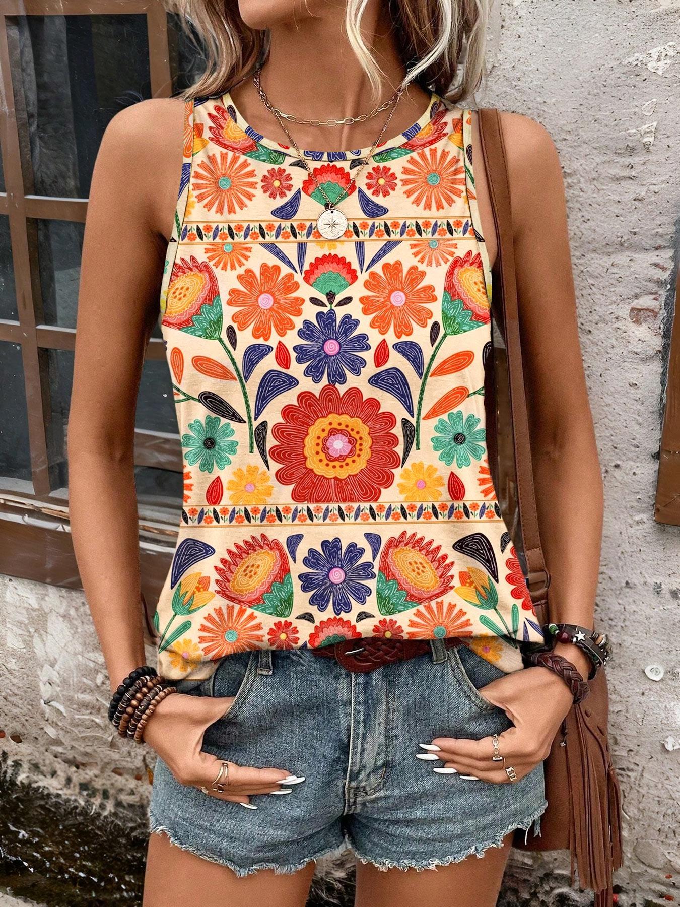 Gilet à imprimé floral pour femmes, col rond sans manches, décontracté pour l'été, style bohème ample pour tous les jours